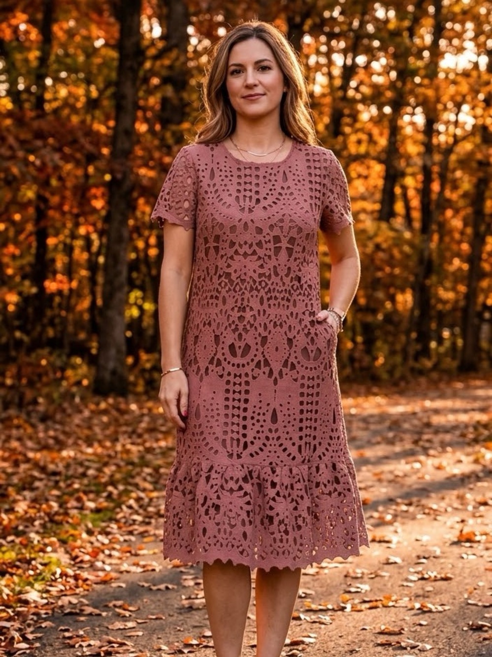 Polagram Rose Mauve Crochet lave short Sleeve midi dress